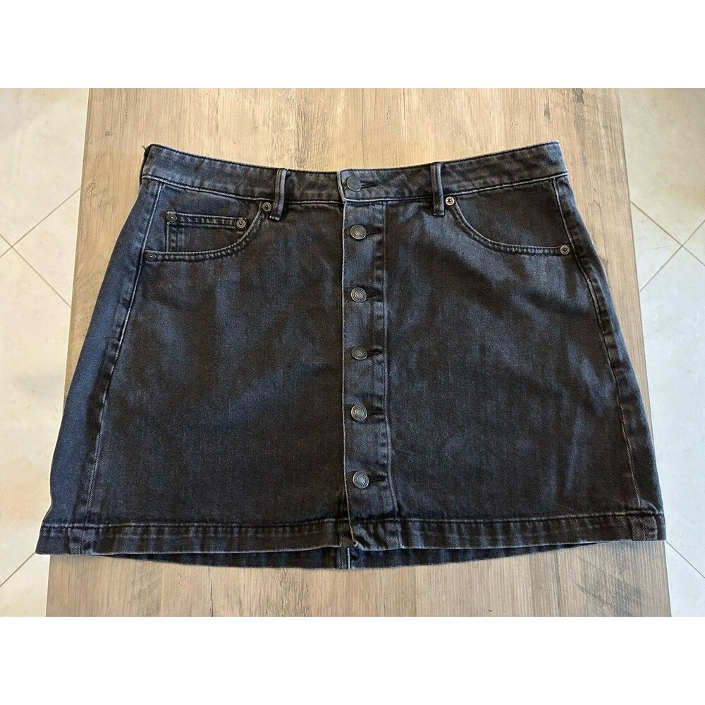 American Eagle Womens Black Denim Button Front Super High Rise A-Line Size 14